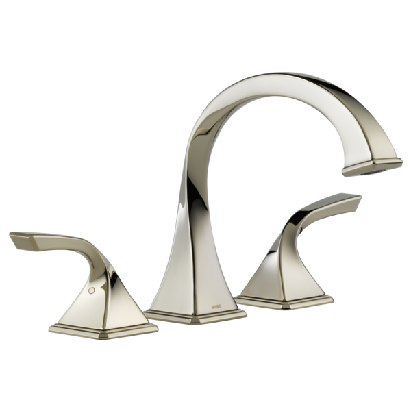 Polished nickel three-piece roman tub faucet with curved spout and lever handles on square bases.
