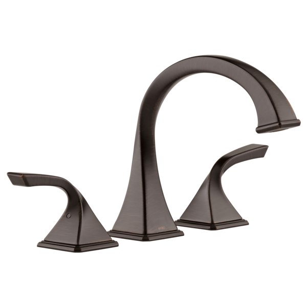 Oil-rubbed bronze three-piece roman tub faucet with curved spout and angular handles on square bases.