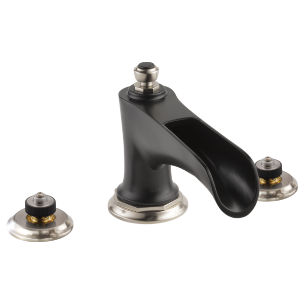 Black and nickel roman tub faucet with curved channel spout and two handle-less control knobs.