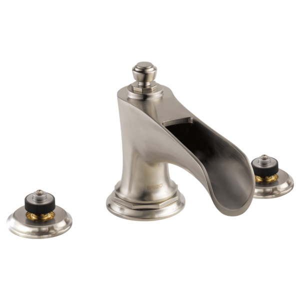 Brushed nickel Roman tub faucet with curved channel spout and two circular handle bases with gold accents.