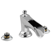 Chrome roman tub faucet with curved channel spout and two matching valve handles.