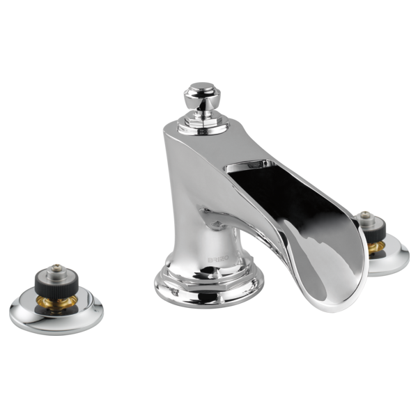 Chrome roman tub faucet with curved channel spout and two matching valve handles.