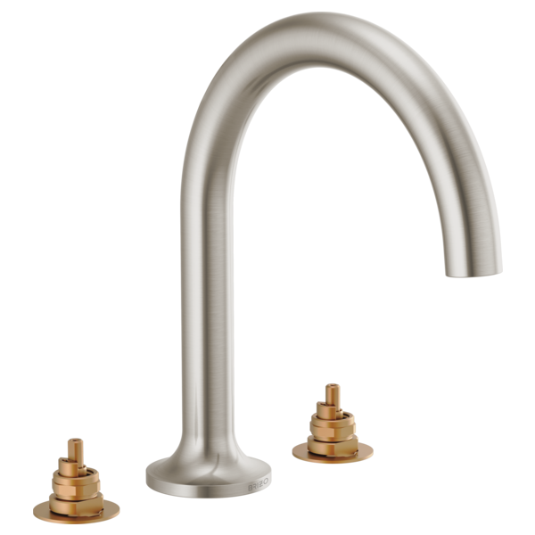 Brushed nickel arched roman tub faucet with two brass handle bases and curved spout.