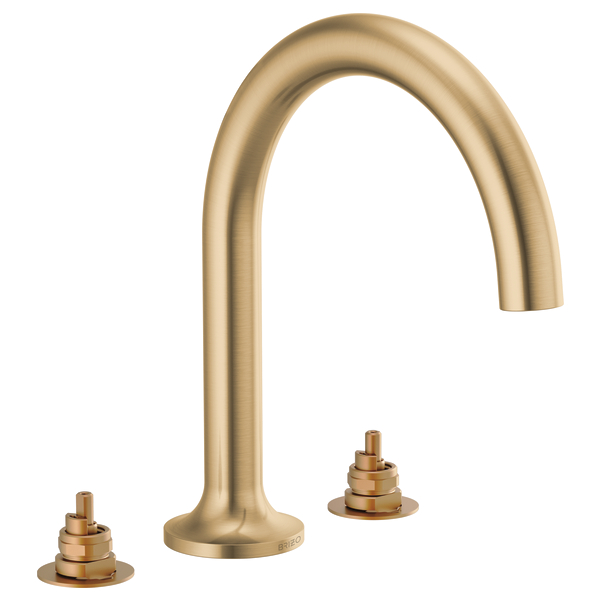 Brushed gold arched Roman tub faucet with two small round handles and curved spout.