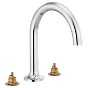 Chrome roman tub faucet with curved spout and two brass handle bases on white background.
