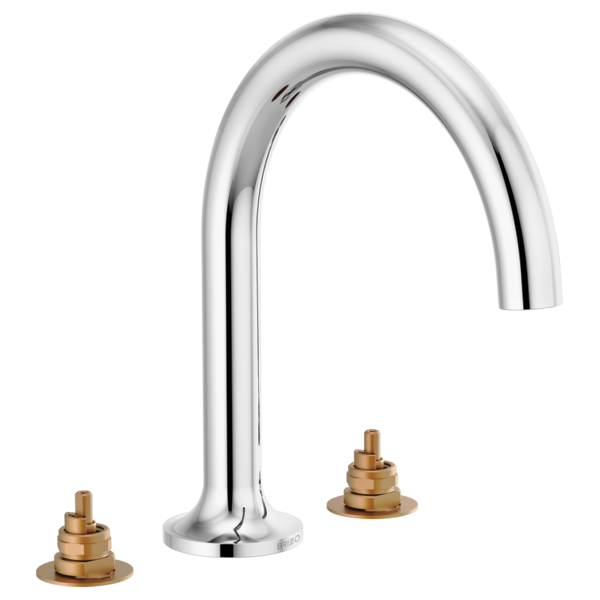Chrome roman tub faucet with curved spout and two brass handle bases on white background.