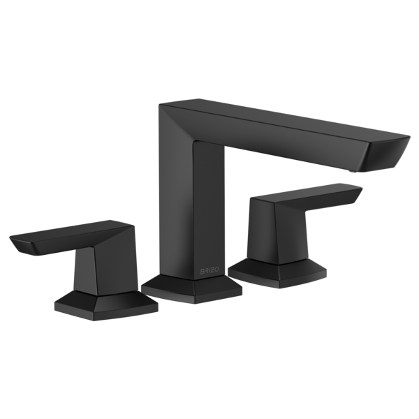 Black three-piece roman tub faucet with tall center spout and two lever handles on square bases.