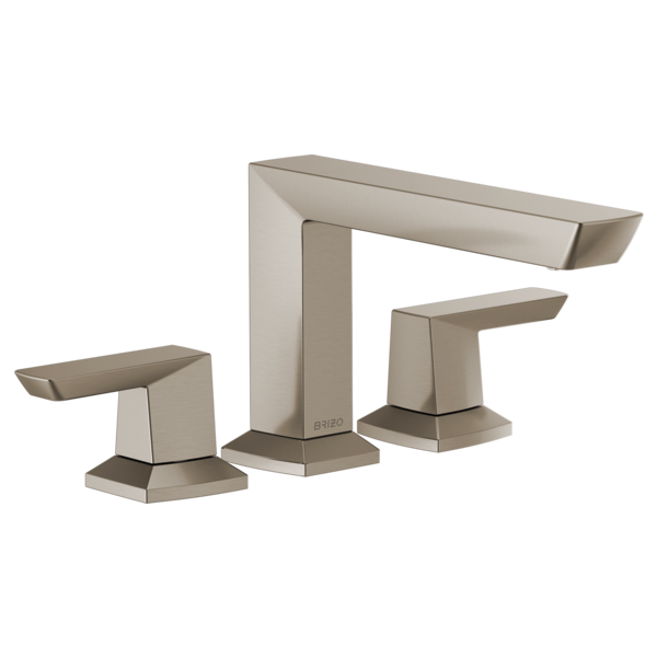 Brushed nickel three-piece roman tub faucet with angled spout and matching lever handles on square bases.