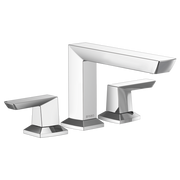 Chrome three-piece roman tub faucet with angular spout and matching handles on hexagonal bases.