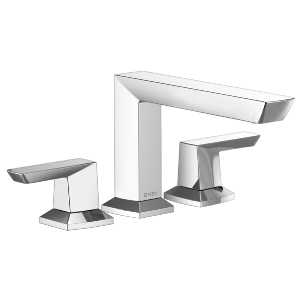 Chrome three-piece roman tub faucet with angular spout and matching handles on hexagonal bases.