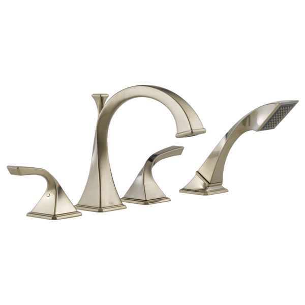 Brushed nickel roman tub faucet with curved spout and matching hand shower, four-piece configuration.