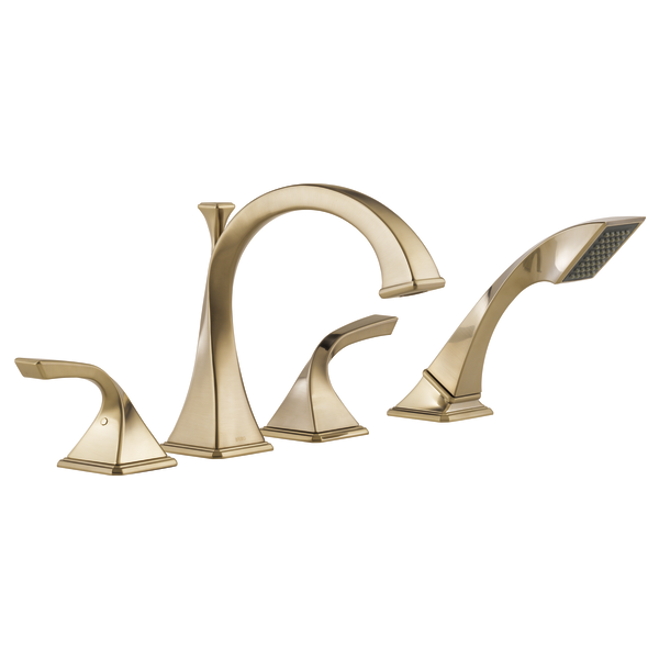 Champagne bronze four-piece roman tub faucet with curved spout and detachable hand shower wand.