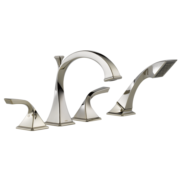 Chrome roman tub faucet with curved spout, two lever handles, and detachable hand shower spray.