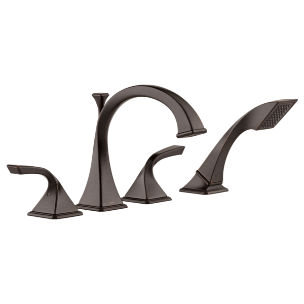 Bronze Roman tub faucet with curved spout, hand shower wand, and four-piece fixture set.