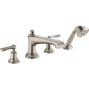 Brushed nickel roman tub faucet with lever handles and detachable handheld showerhead.