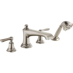 Brushed nickel roman tub faucet with lever handles and detachable handheld showerhead.