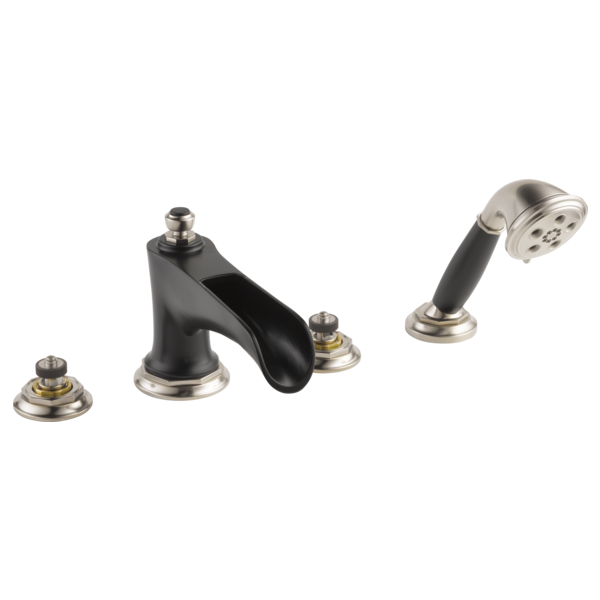 Chrome and black roman tub faucet trim with hand shower and two control knobs.