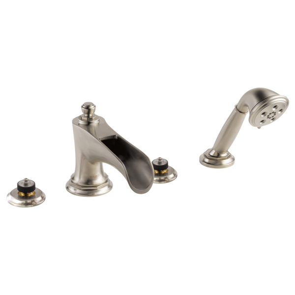 Chrome and brass Roman tub trim with curved spout, hand shower, and three separate control knobs.