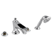 Chrome roman tub trim with curved spout, hand shower, and two small control knobs on circular bases.