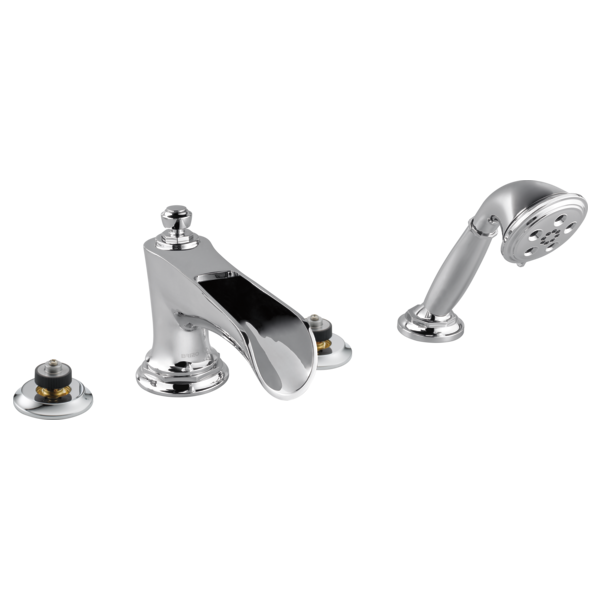 Chrome roman tub trim with curved spout, hand shower, and two small control knobs on circular bases.
