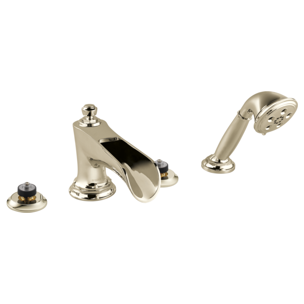 Polished nickel roman tub trim with curved spout, handheld showerhead, and diverter valve components.