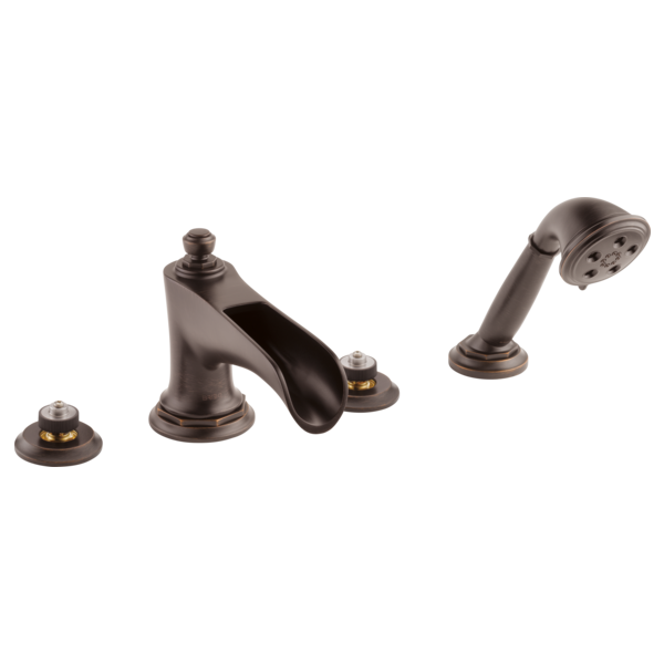 Bronze roman tub faucet trim with curved spout, hand shower, and two control knobs with gold accents.