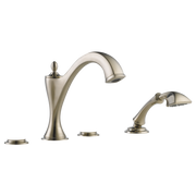 Brushed nickel roman tub faucet with curved spout, hand shower, and three deck-mount components.