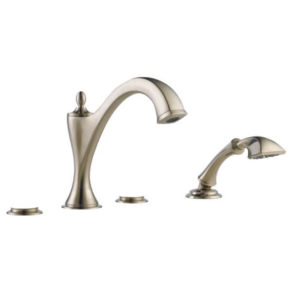 Brushed nickel roman tub faucet with curved spout, hand shower, and three deck-mount components.