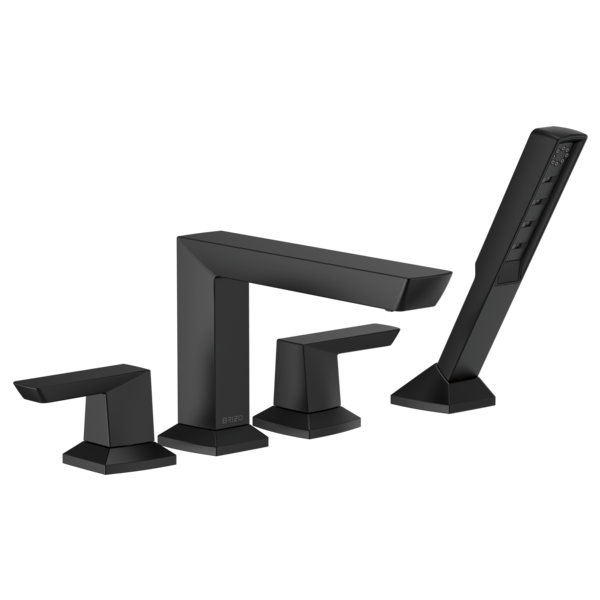 Black four-piece roman tub faucet with two handles, curved spout, and angled handheld showerhead.