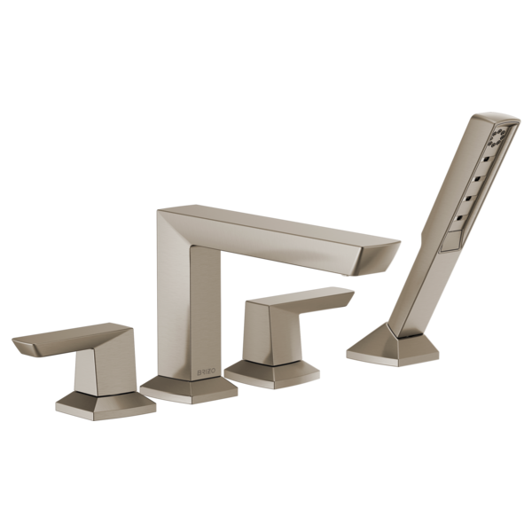Brushed nickel four-piece roman tub faucet with two handles, spout, and detachable handshower on angled bracket.