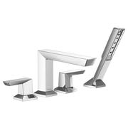 Chrome Roman tub faucet with four pieces: two lever handles, curved spout, and detachable handheld showerhead.