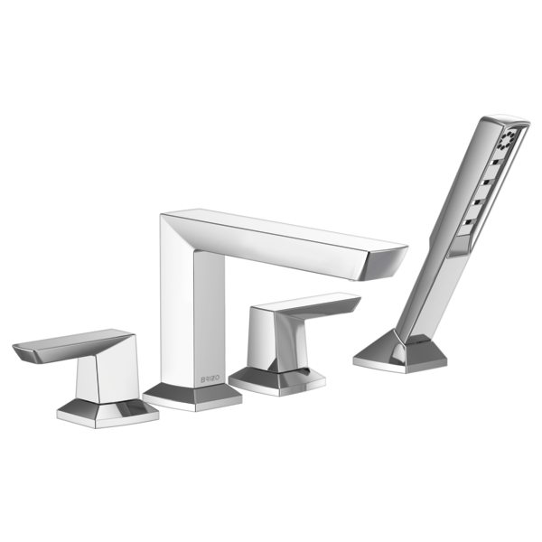 Chrome Roman tub faucet with four pieces: two lever handles, curved spout, and detachable handheld showerhead.