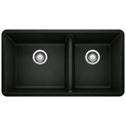 Coal black double bowl undermount kitchen sink with two equal compartments and chrome drain strainers.
