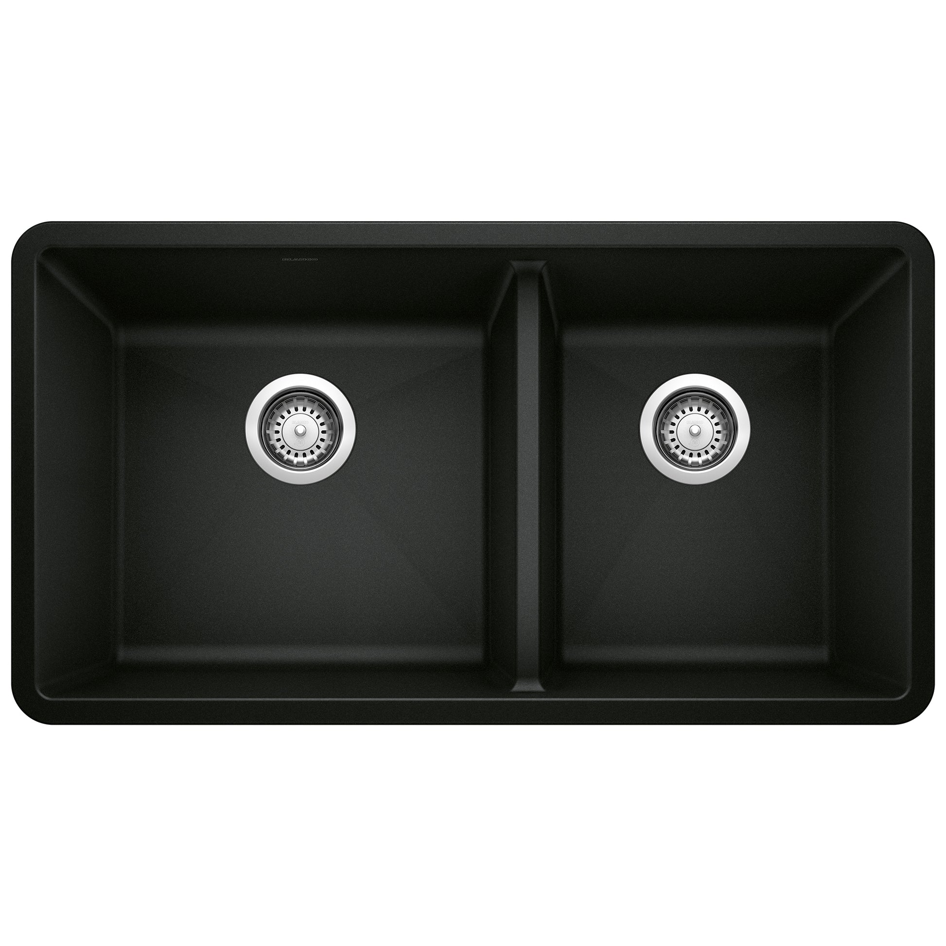 Coal black double bowl undermount kitchen sink with two equal compartments and chrome drain strainers.