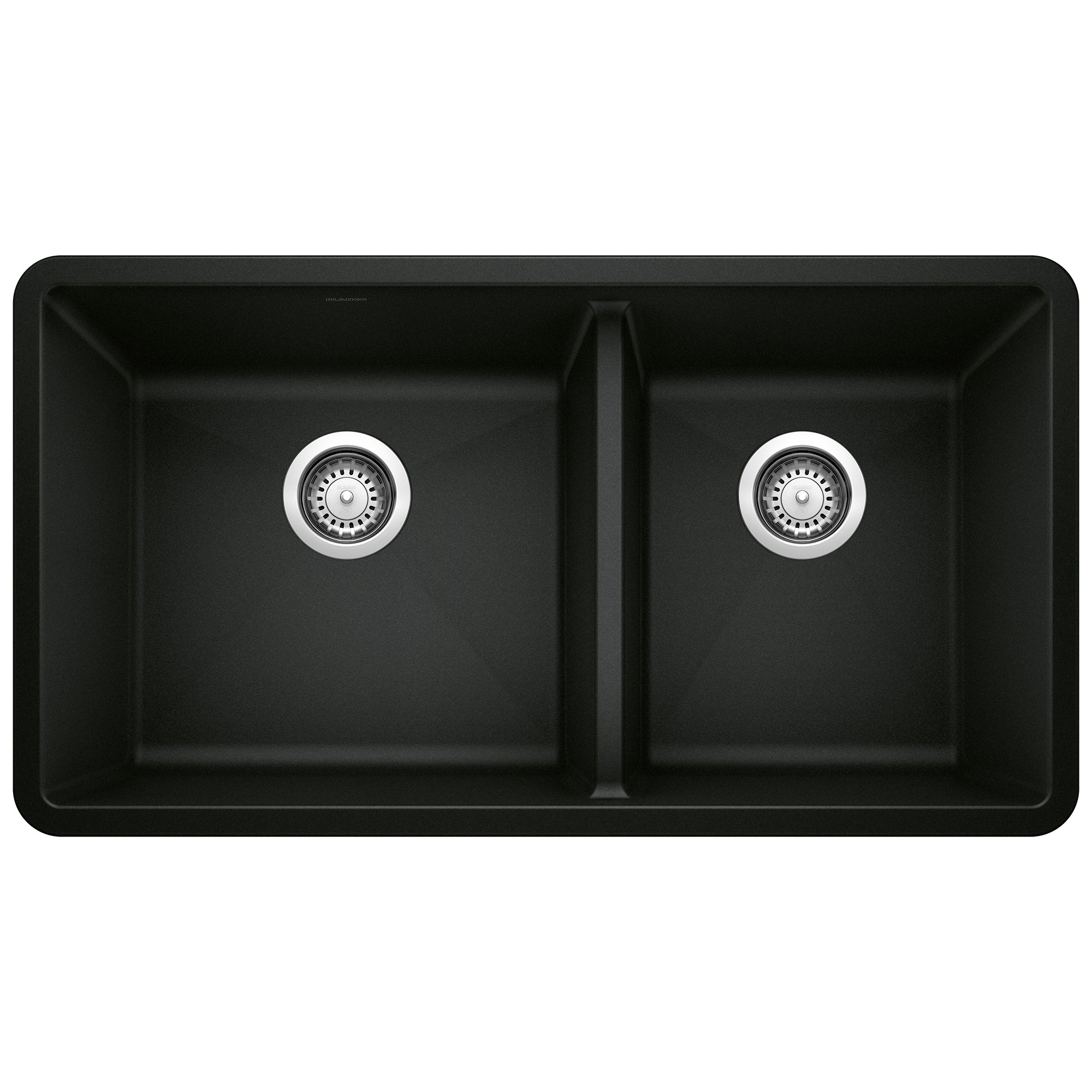 Coal black double bowl undermount kitchen sink with two equal compartments and chrome drain strainers.