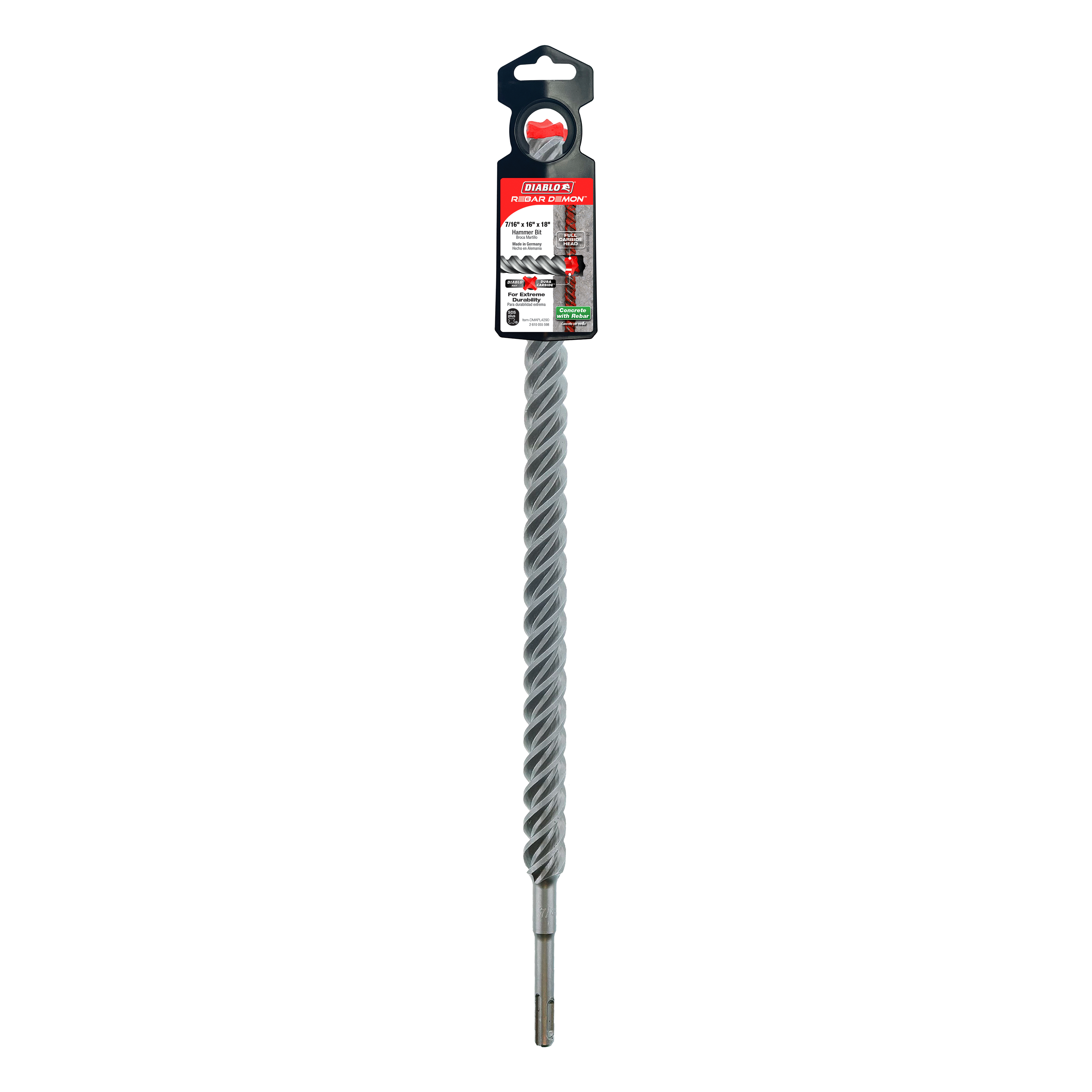 Five Diablo Rebar Demon SDS-Plus hammer drill bits with spiral flutes and carbide cutting head in black packaging.