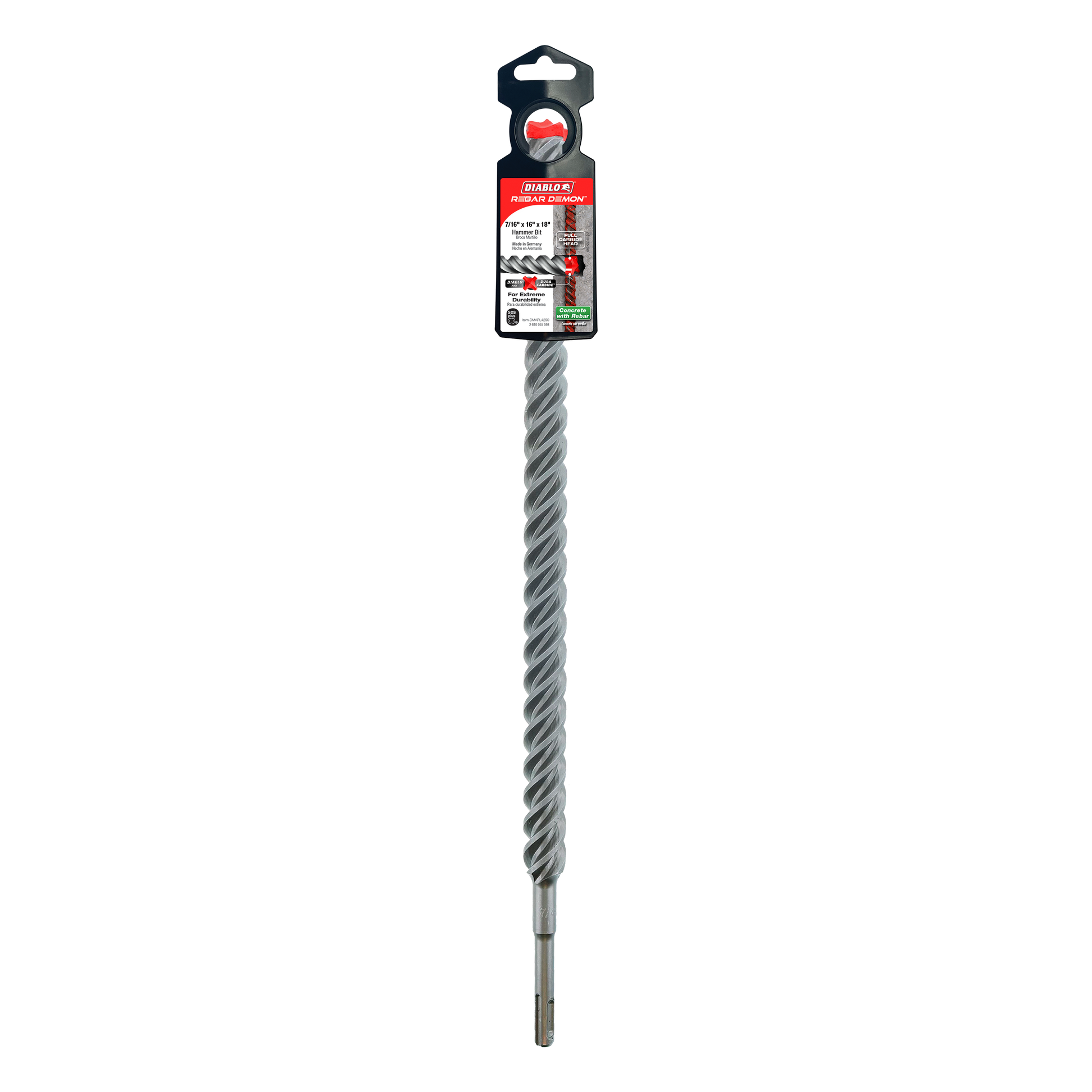Diablo SDS-Plus hammer drill bit with spiral flutes and carbide head, packaged with black and red label.