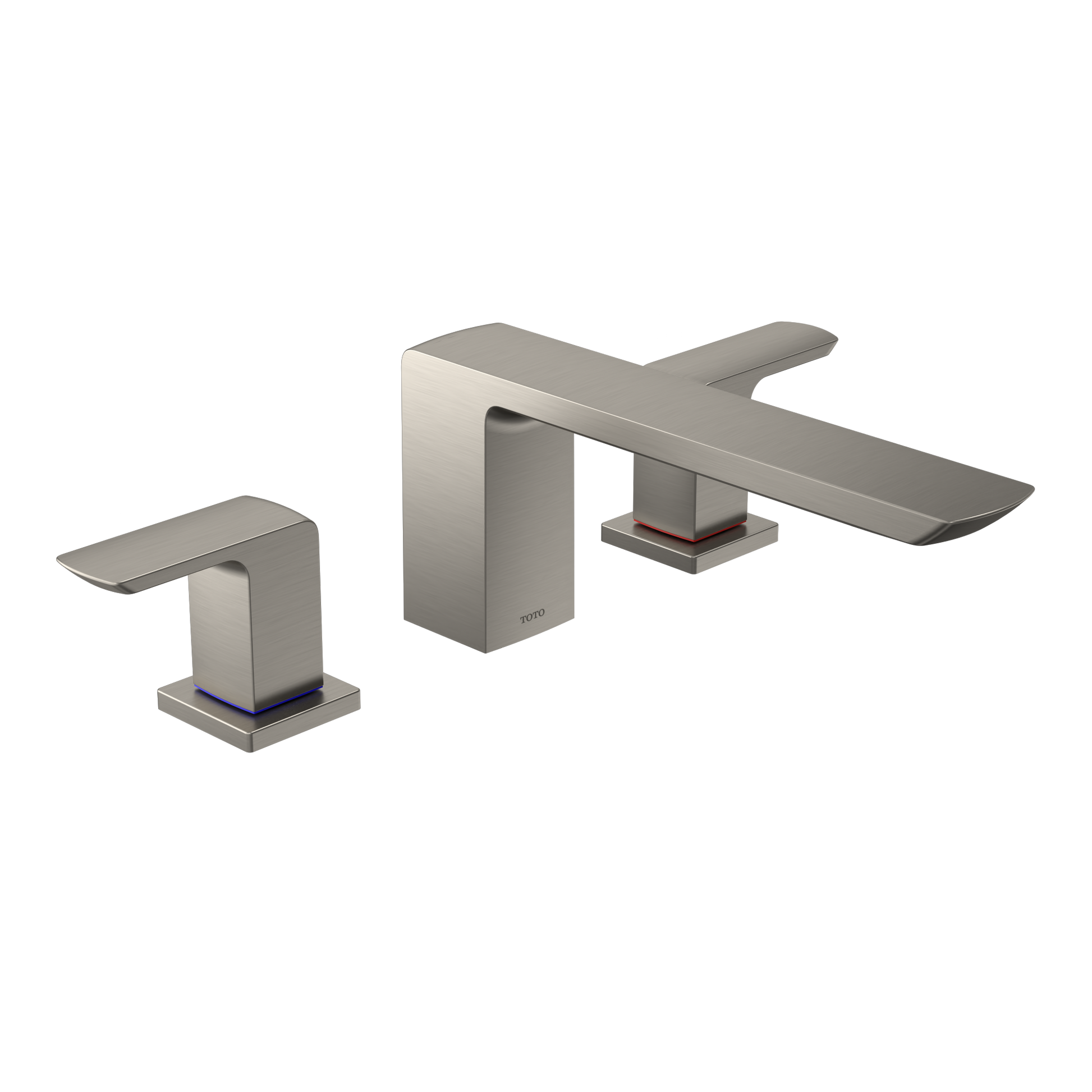 Brushed nickel two-handle deck-mount roman tub filler with rectangular spout and square bases.