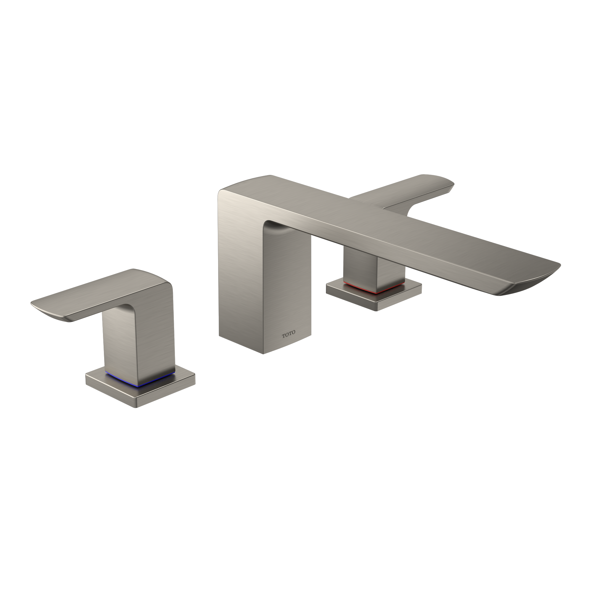 Brushed nickel two-handle deck-mount roman tub filler with rectangular spout and square bases.