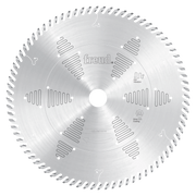 Circular saw blade with silver coating and serrated teeth around the perimeter, designed for cutting solid surface materials.