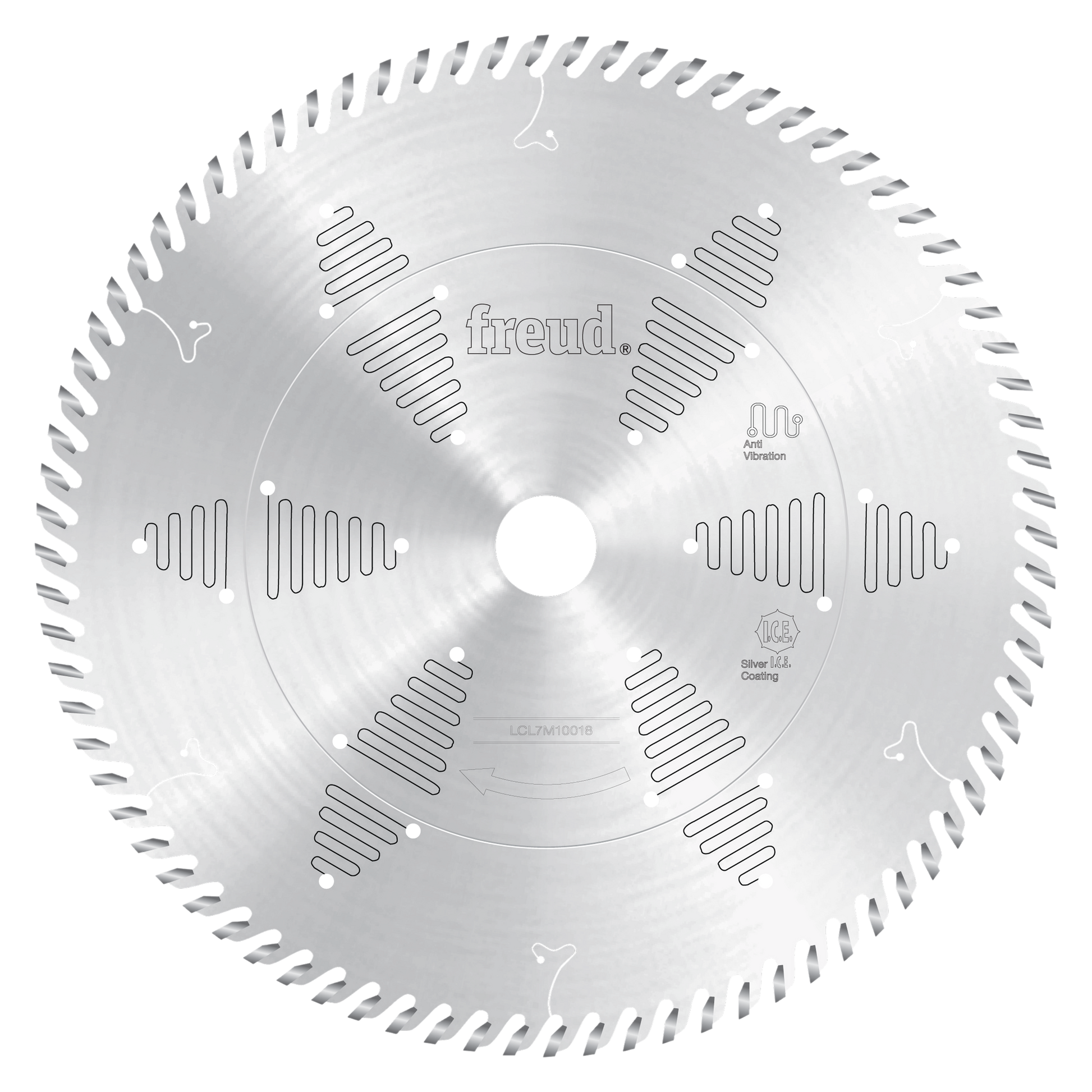 Circular saw blade with silver coating and serrated teeth around the perimeter, designed for cutting solid surface materials.