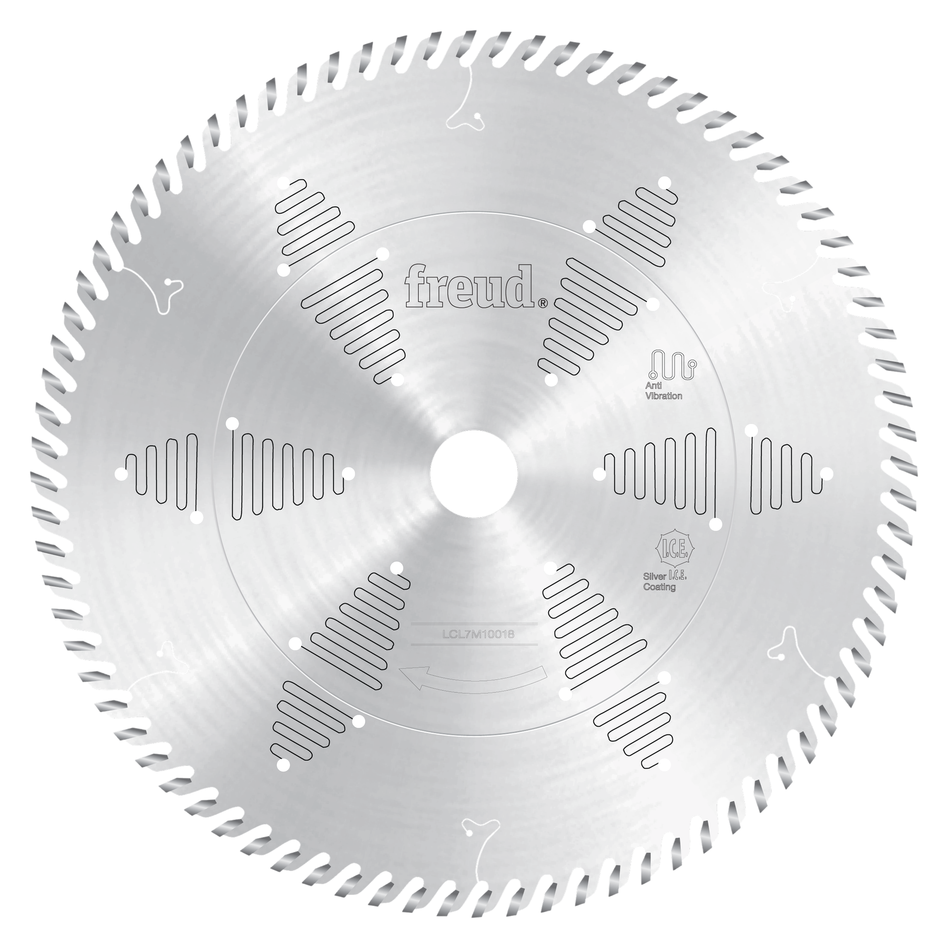 Circular saw blade with silver coating and serrated teeth around the perimeter, designed for cutting solid surface materials.