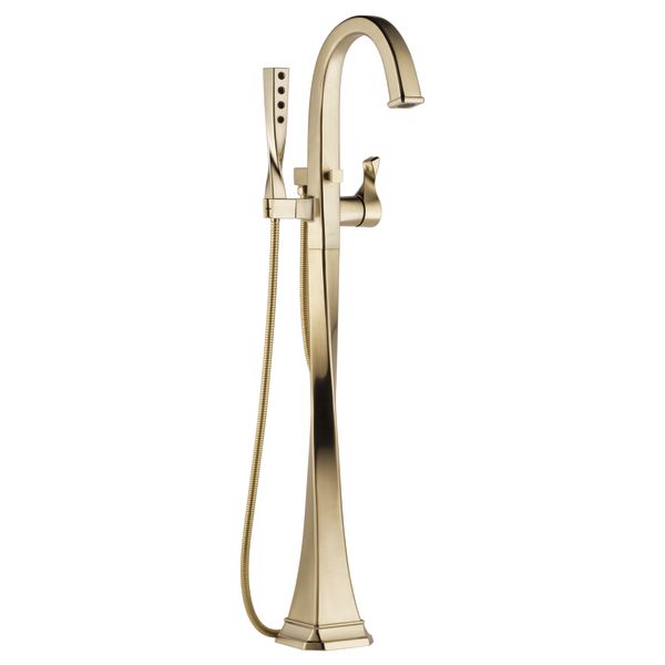 Champagne bronze freestanding tub filler with curved spout, single lever handle, and handheld shower spray.