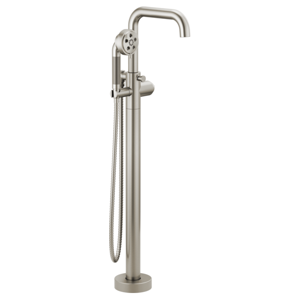 Brushed nickel freestanding tub filler with curved spout, single handle, and handheld showerhead on flexible hose.