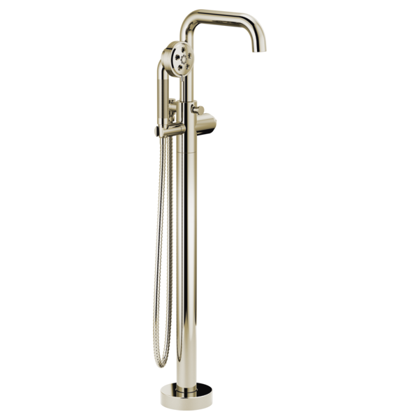 Polished nickel freestanding tub filler with curved spout, single handle lever, and hand shower on hose.