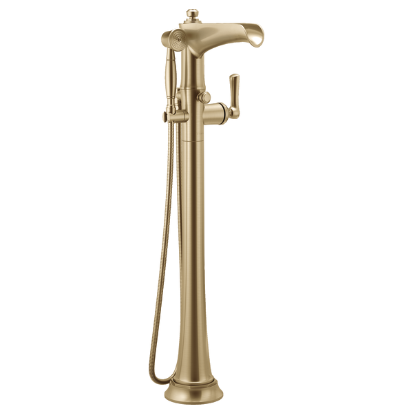 Champagne bronze freestanding tub filler with curved spout, side lever handle, and attached hand shower hose.
