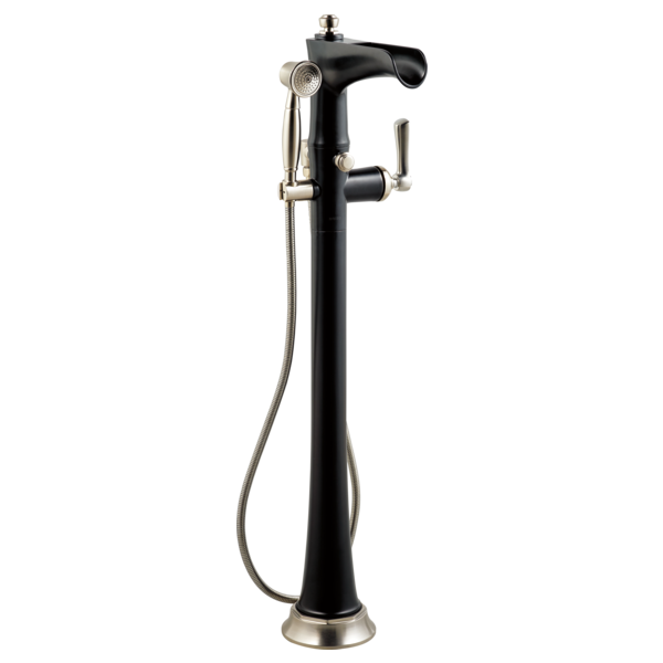 Black freestanding tub filler with curved spout, lever handle, and handheld showerhead with hose.
