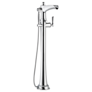Chrome freestanding tub filler with curved spout, hand shower, and side lever controls.