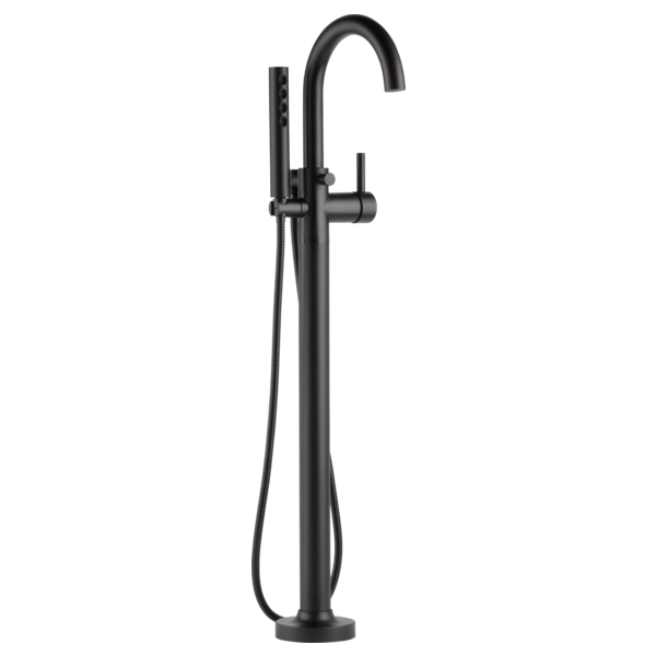 Black freestanding tub filler with curved spout, single handle, and handheld shower wand attachment.