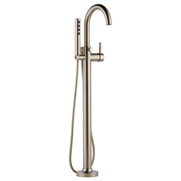 Brushed nickel freestanding tub filler with curved spout, single lever handle, and detachable handheld showerhead.
